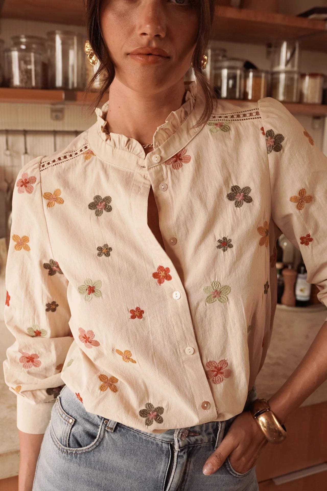 In April 1986In April 1986 Tobias Embroidered Flower Shirt BeigeShirts & BlousesBeige - Blue Water Clothing