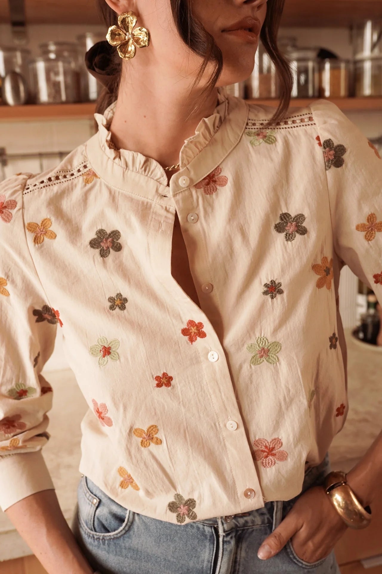 In April 1986In April 1986 Tobias Embroidered Flower Shirt BeigeShirts & BlousesBeige - Blue Water Clothing