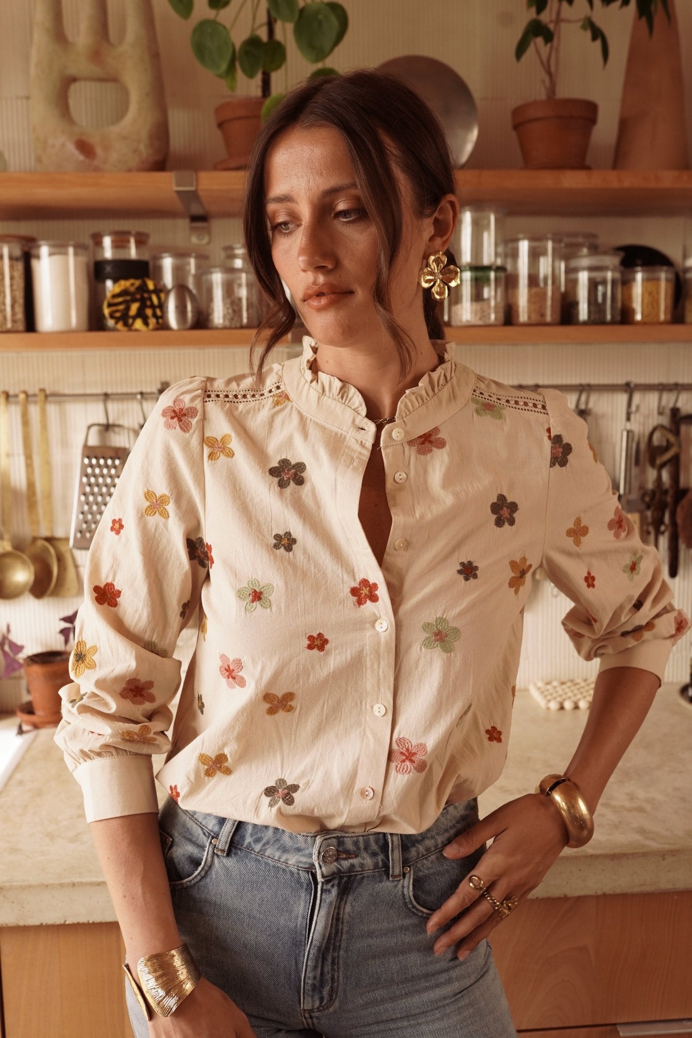 In April 1986In April 1986 Tobias Embroidered Flower Shirt BeigeShirts & BlousesBeige - Blue Water Clothing