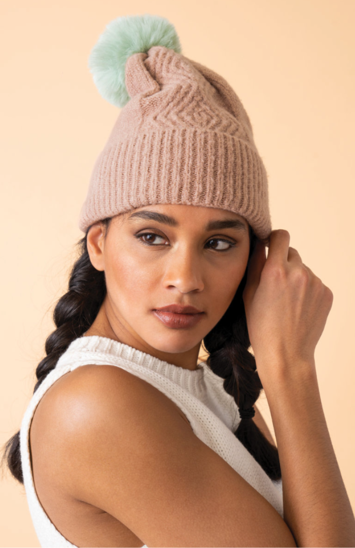 Ingrid Bobble Hat - Taupe/Aqua