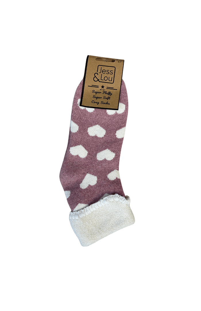 Jess & Lou Cosy Fluffy Cuffed Socks Large hearts - Blue Water Clothing