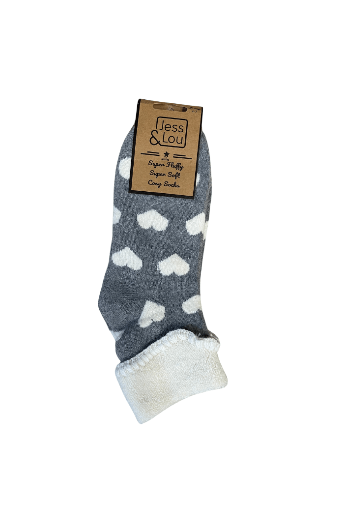 Jess & Lou Cosy Fluffy Cuffed Socks Large hearts - Blue Water Clothing