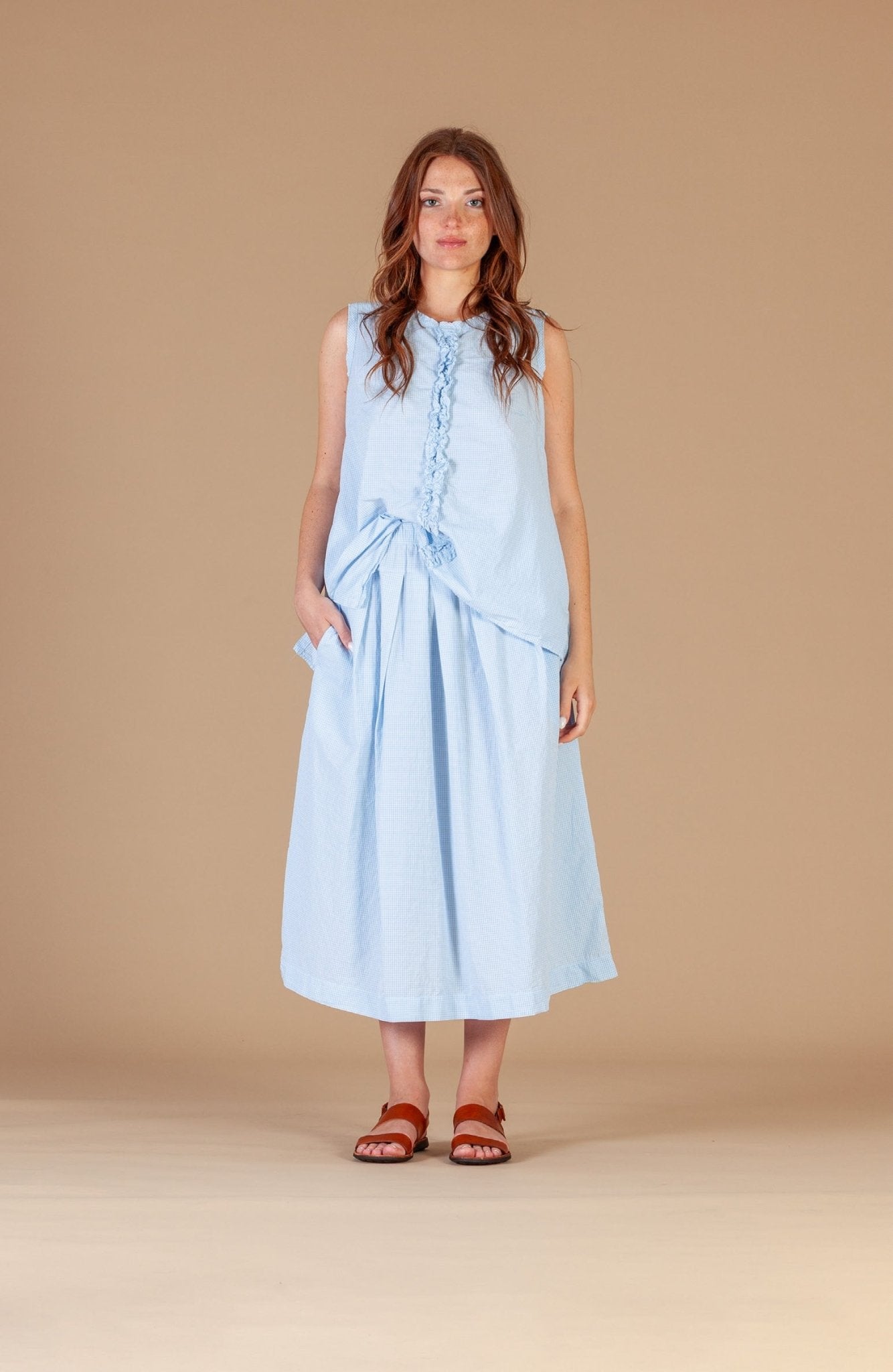 Mama bMama b Ora C Frayed Edge Tank TopTopsCeleste Check - Blue Water Clothing