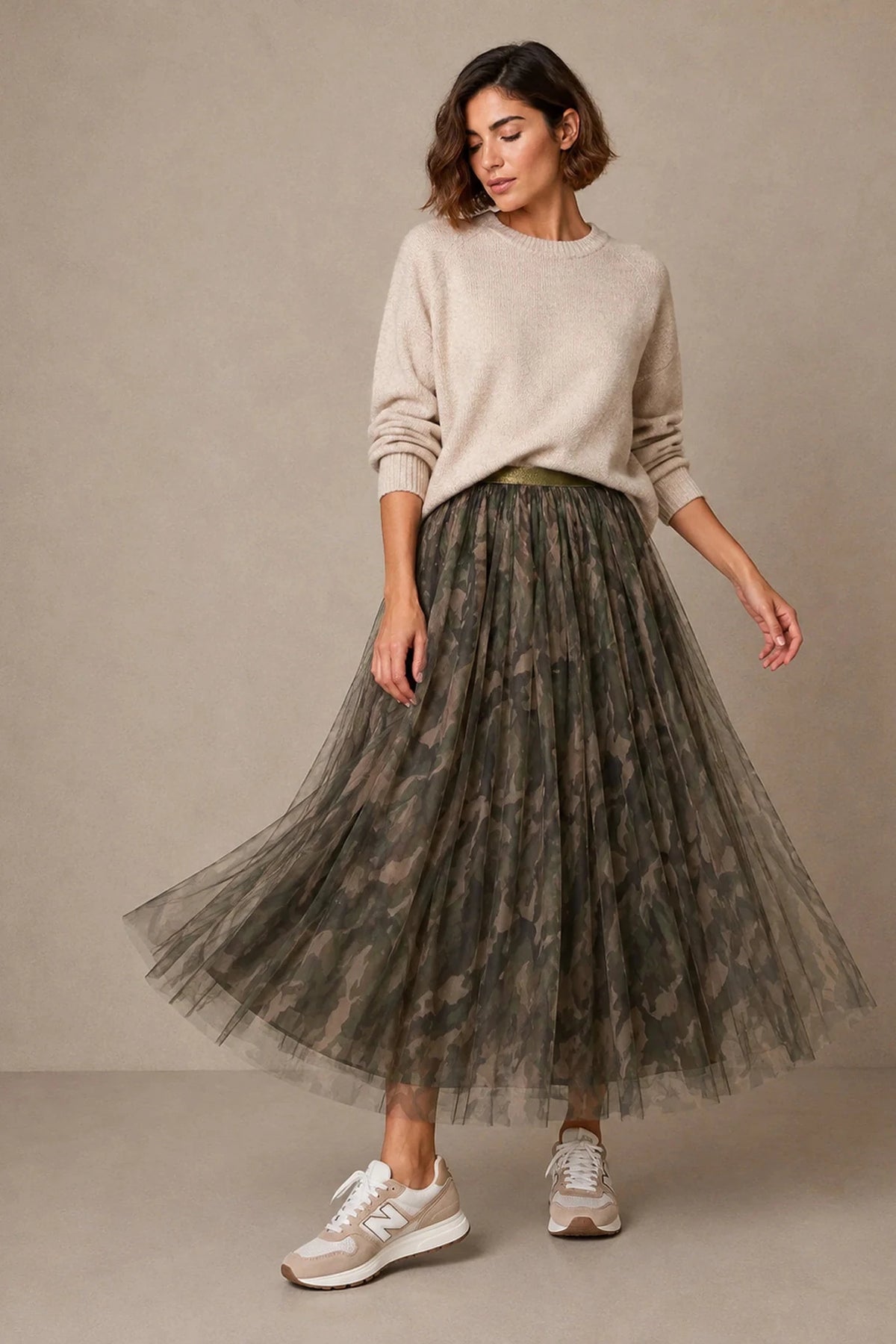 MSH Camouflage Midi Tulle Swing Skirt in Khaki - Blue Water Clothing