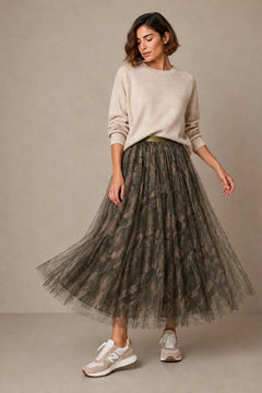 MSH Camouflage Midi Tulle Swing Skirt in Khaki - Blue Water Clothing