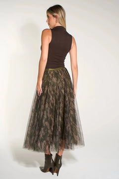 MSH Camouflage Midi Tulle Swing Skirt in Khaki - Blue Water Clothing