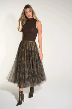 MSH Camouflage Midi Tulle Swing Skirt in Khaki - Blue Water Clothing