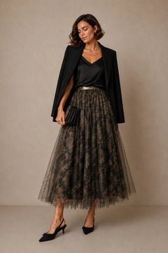 MSH Camouflage Midi Tulle Swing Skirt in Khaki - Blue Water Clothing