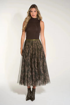 MSH Camouflage Midi Tulle Swing Skirt in Khaki - Blue Water Clothing