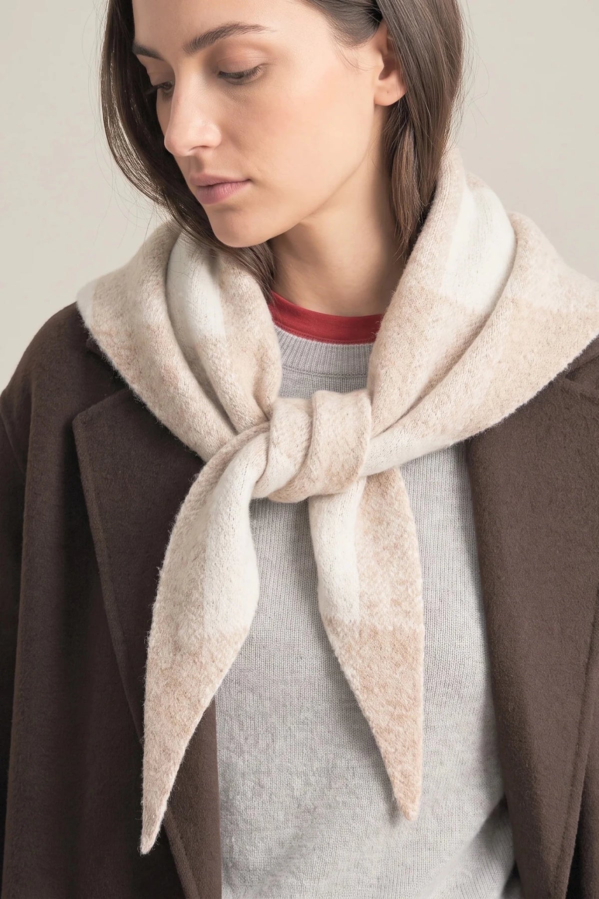MSH Check Triangle Heavyweight Scarf in Cream - Blue Water Clothing