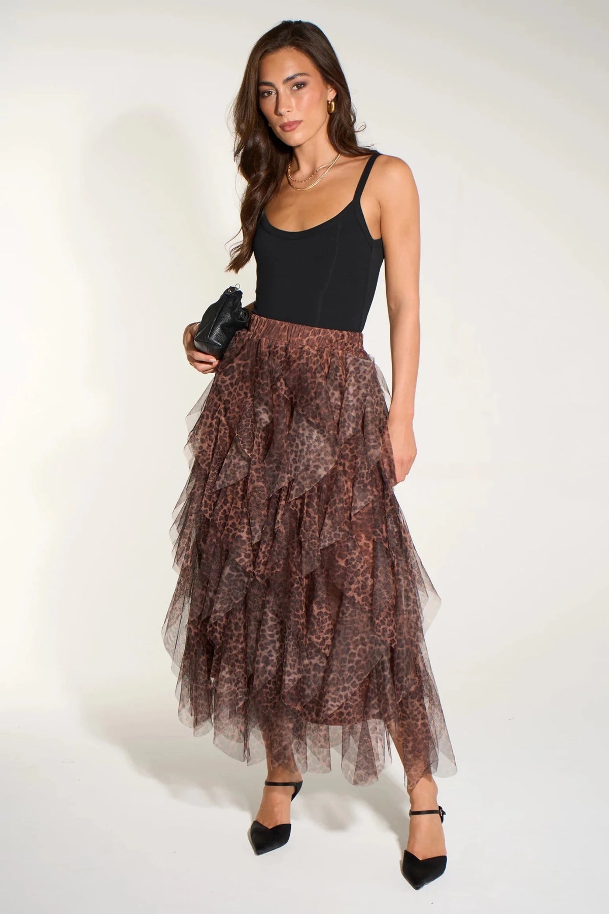 MSH Leopard Print Layered Tulle Maxi Skirt in Brown - Blue Water Clothing
