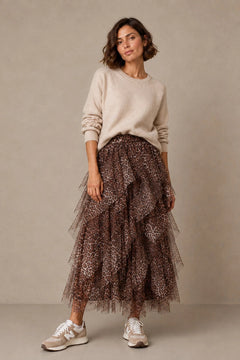 MSH Leopard Print Layered Tulle Maxi Skirt in Brown - Blue Water Clothing