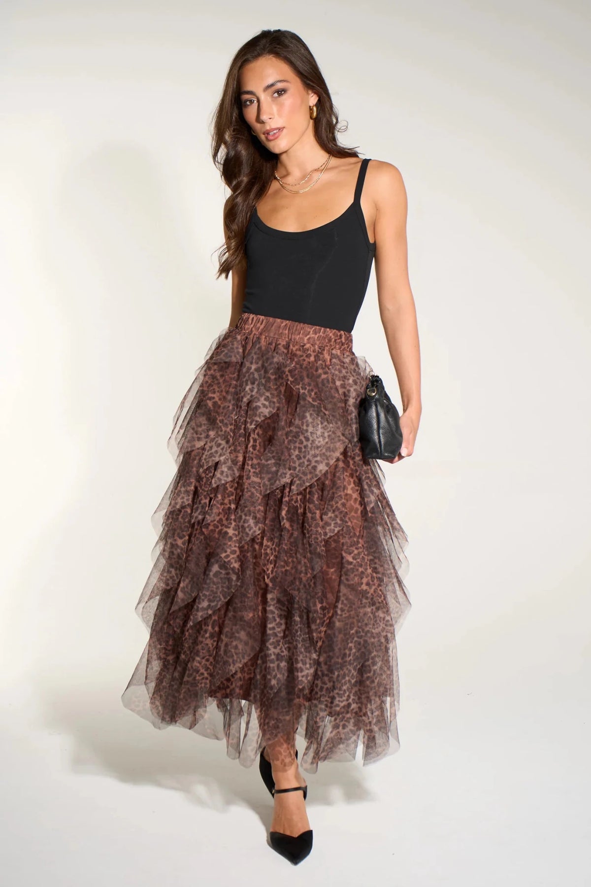 MSH Leopard Print Layered Tulle Maxi Skirt in Brown - Blue Water Clothing