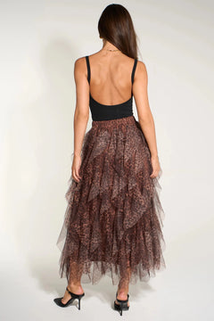 MSH Leopard Print Layered Tulle Maxi Skirt in Brown - Blue Water Clothing