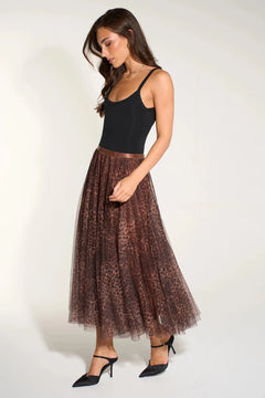 MSH Leopard Print Midi Tulle Swing Skirt in Brown - Blue Water Clothing