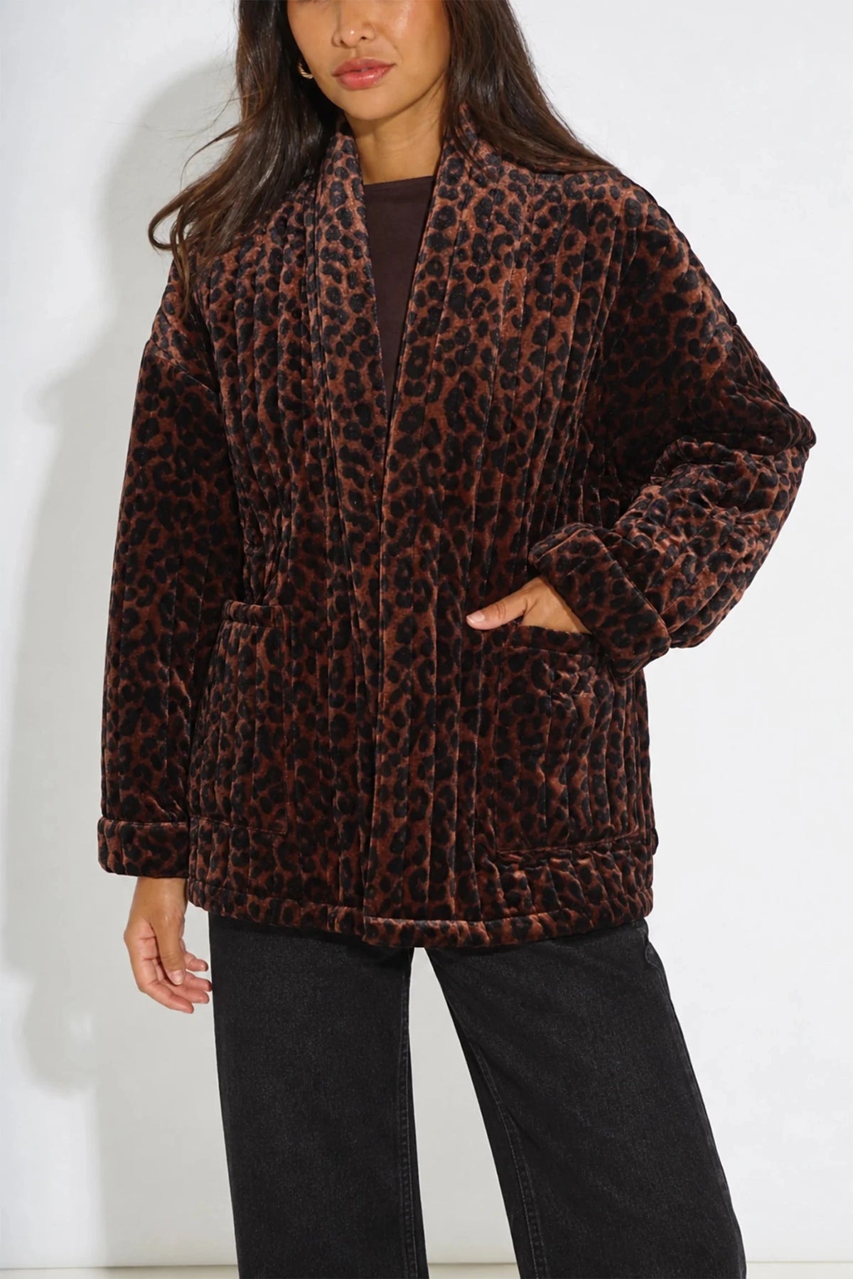 MSH Velvet Leopard Print Kimono Jacket in Brown - Blue Water Clothing