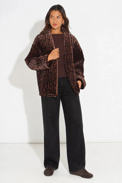 MSH Velvet Leopard Print Kimono Jacket in Brown - Blue Water Clothing
