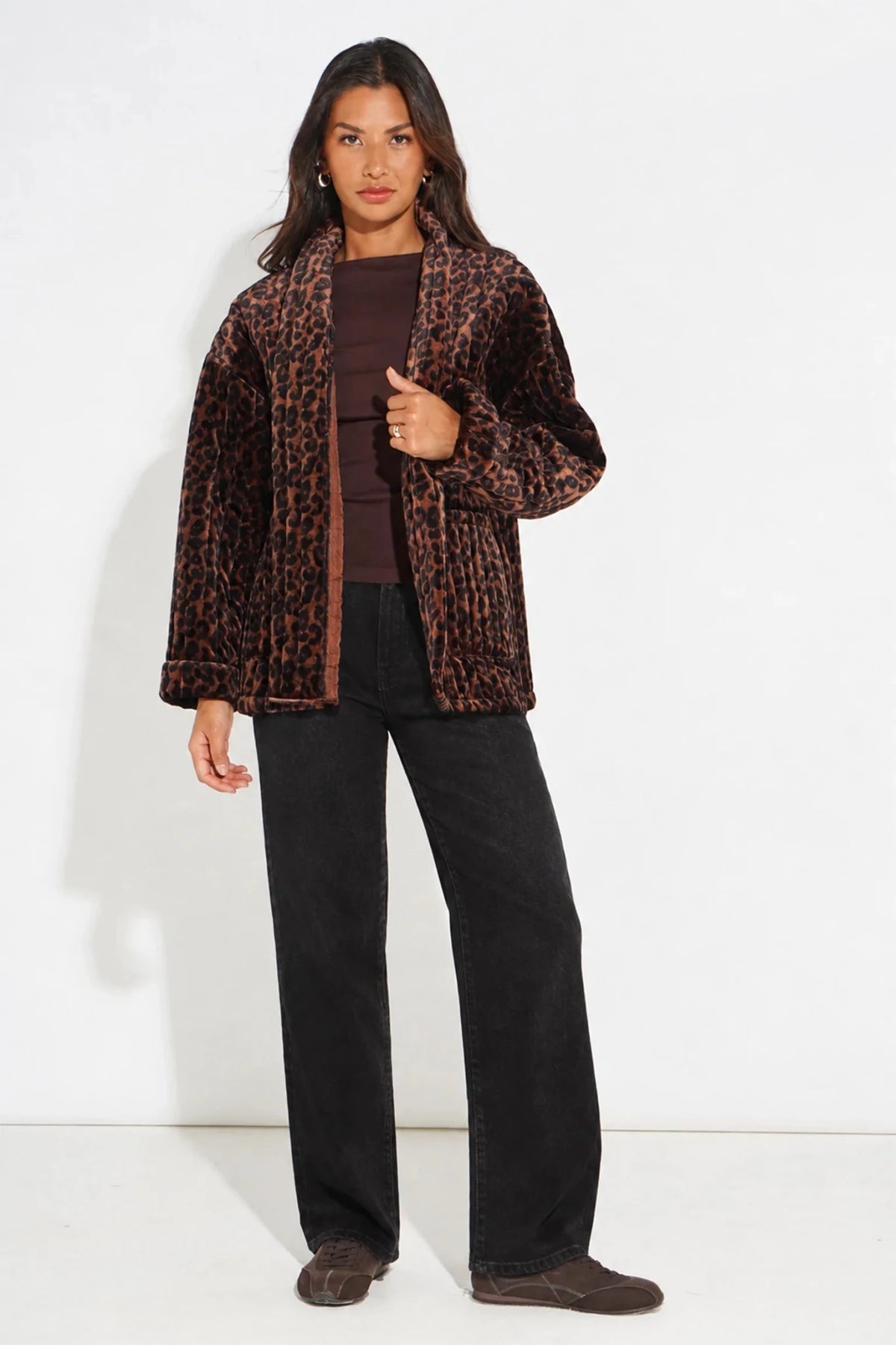 MSH Velvet Leopard Print Kimono Jacket in Brown - Blue Water Clothing