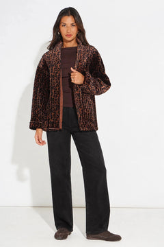 MSH Velvet Leopard Print Kimono Jacket in Brown - Blue Water Clothing