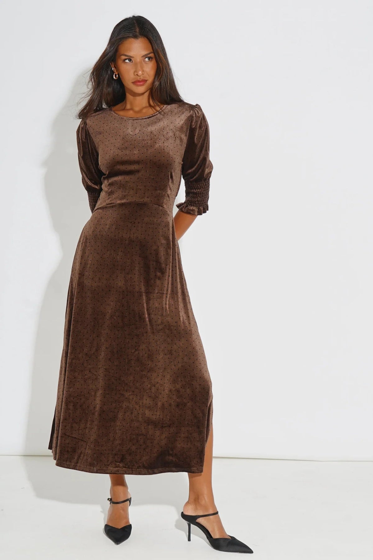 MSH Velvet Polka Dot Tea Dress in BrownBrown - Blue Water Clothing