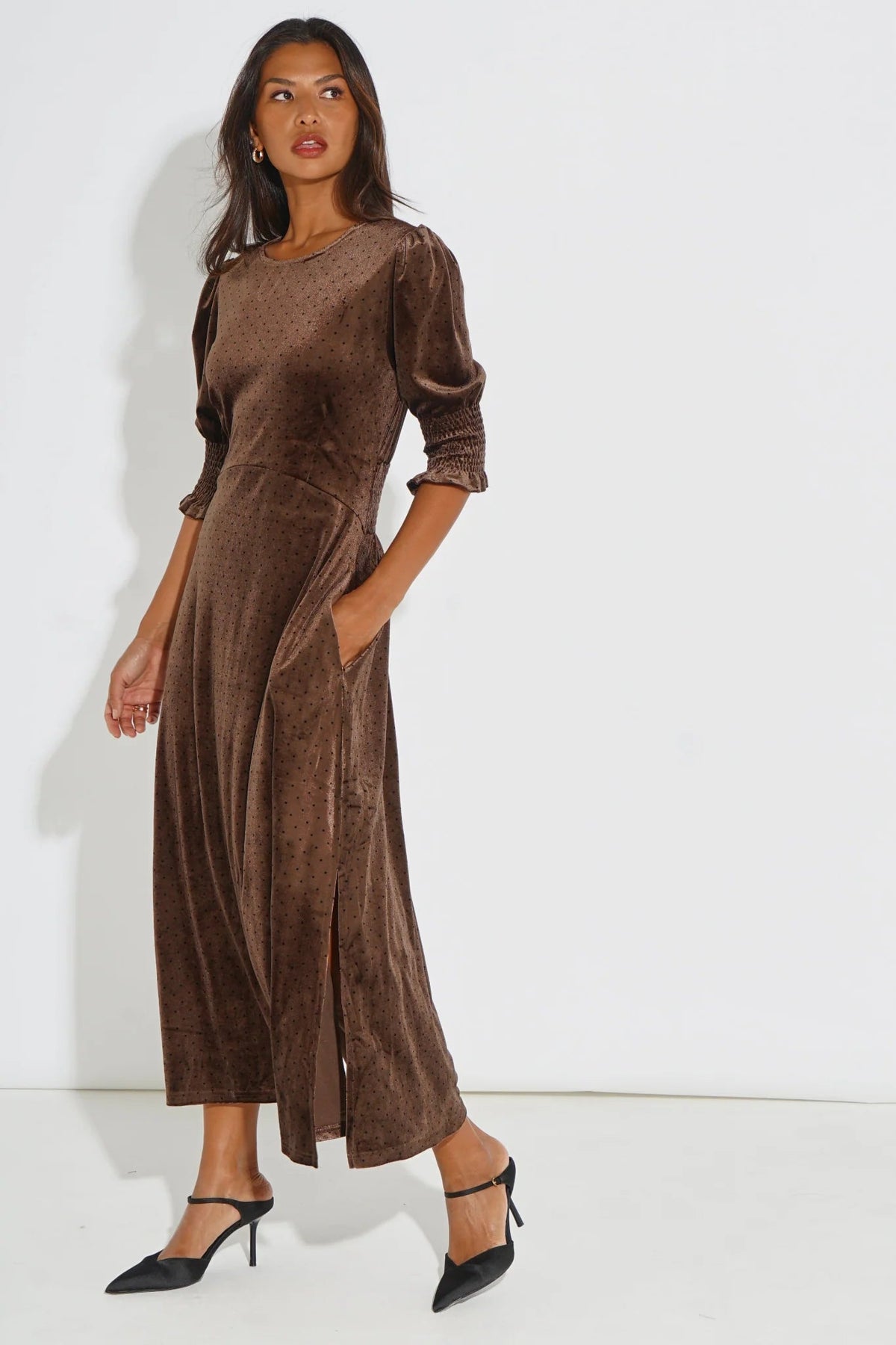 MSH Velvet Polka Dot Tea Dress in BrownBrown - Blue Water Clothing