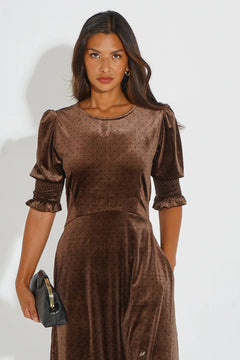 MSH Velvet Polka Dot Tea Dress in BrownBrown - Blue Water Clothing