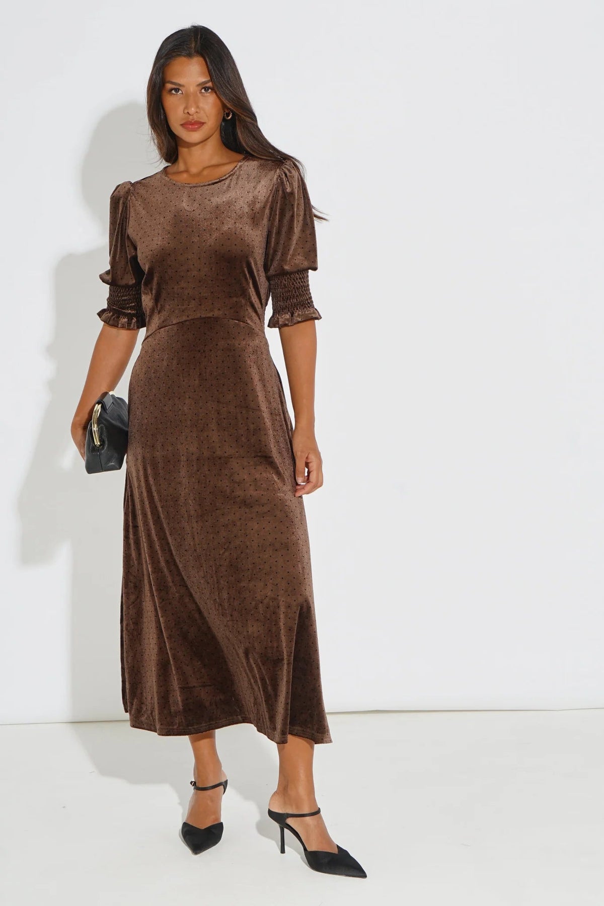 MSH Velvet Polka Dot Tea Dress in BrownBrown - Blue Water Clothing