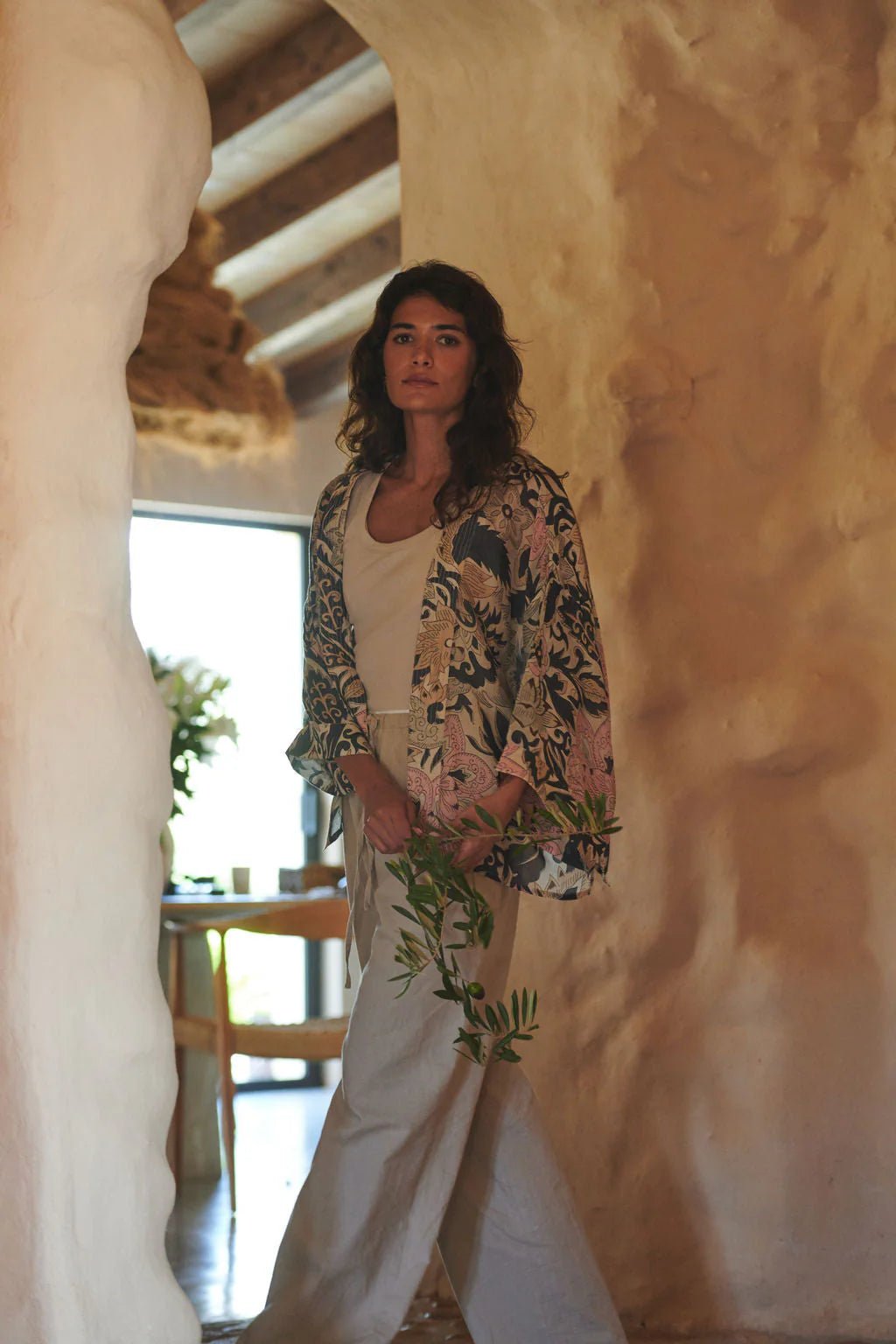 One Hundred Stars Block Taupe Kimono - Blue Water Clothing