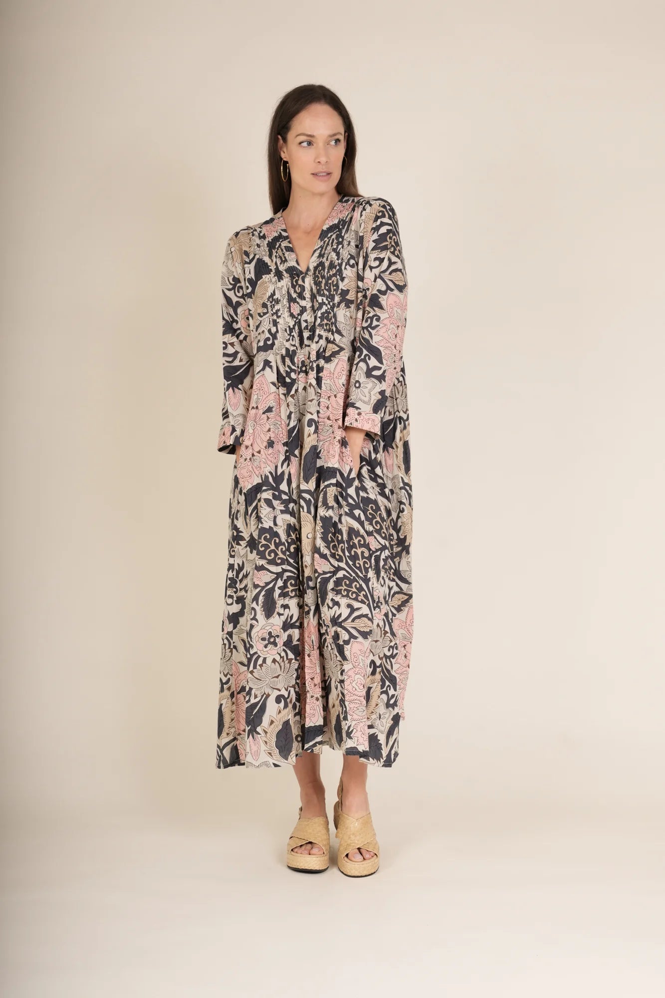 One Hundred Stars Block Taupe Pinch Pleat Dress - Blue Water Clothing