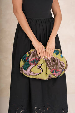 One Hundred Stars Crane Olive Kiss Lock Clutch Bag - Blue Water Clothing