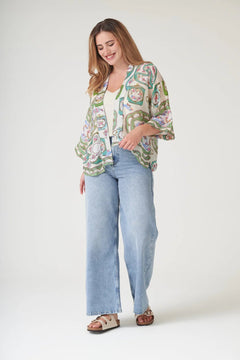 One Hundred StarsOne Hundred Stars Afternoon Tea Green KimonoTops - Blue Water Clothing