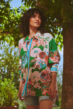 One Hundred StarsOne Hundred Stars Kitsch Bouquet Green Oversized ShirtTops - Blue Water Clothing