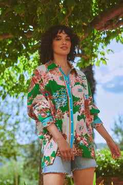 One Hundred StarsOne Hundred Stars Kitsch Bouquet Green Oversized ShirtTops - Blue Water Clothing