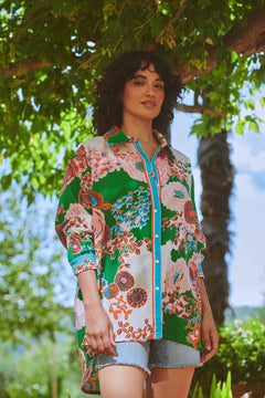 One Hundred StarsOne Hundred Stars Kitsch Bouquet Green Oversized ShirtTops - Blue Water Clothing