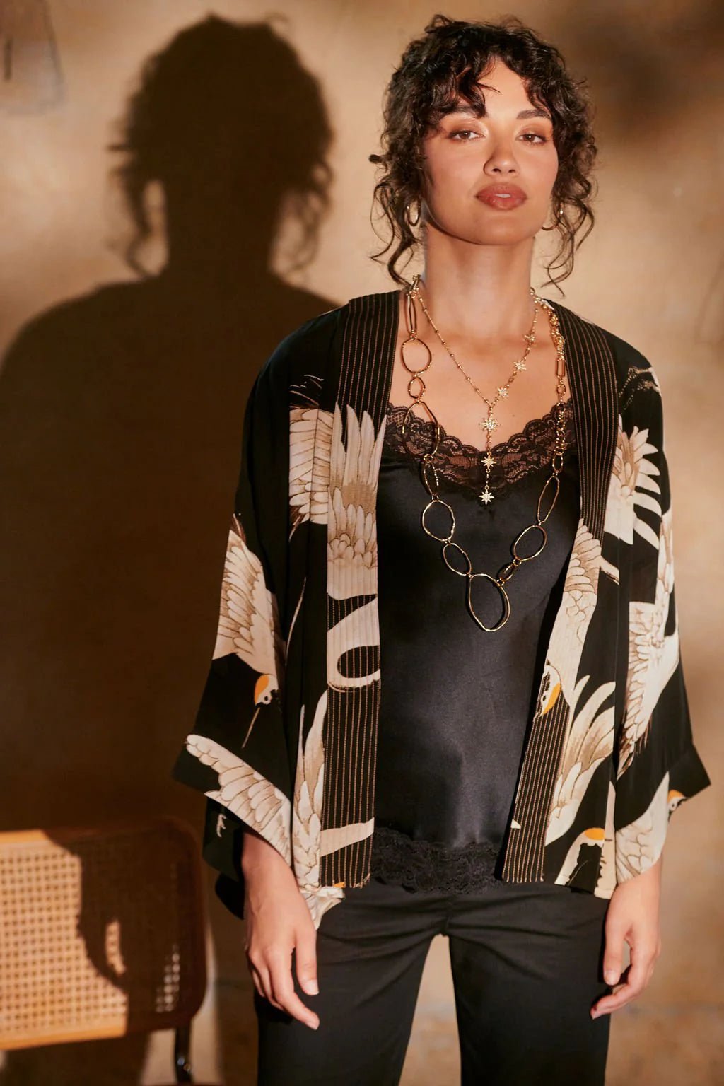 One Hundred StarsOne Hundred Stars Stork Black Crepe KimonoTops - Blue Water Clothing