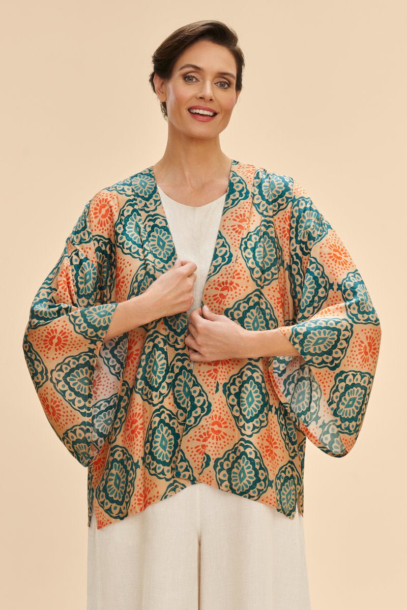 Powder Cream Batik Kimono Jacket - Blue Water Clothing
