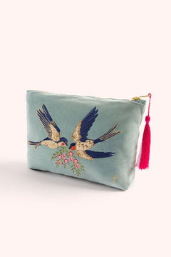PowderPowder Embroidered Velvet Zip Pouch Swooping SwallowsAccessories - Blue Water Clothing