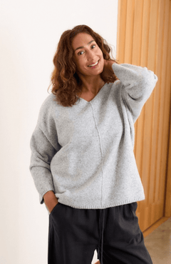 Dreams LondonSoft Tweed V - Neck Seam Detail JumperClothingSilver - Blue Water Clothing