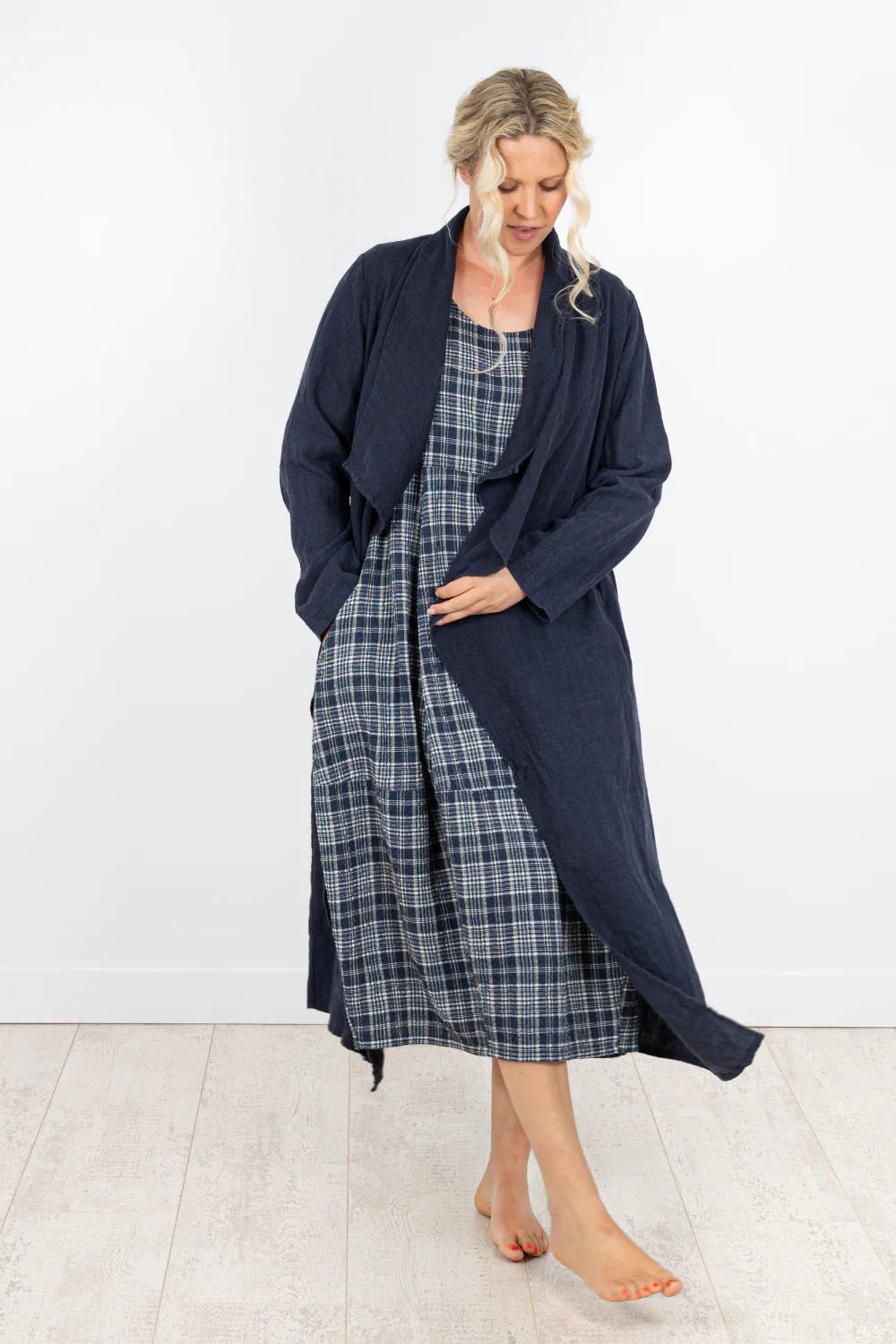 ThingThing Linen Check Dress 7195DressesNavy - Blue Water Clothing