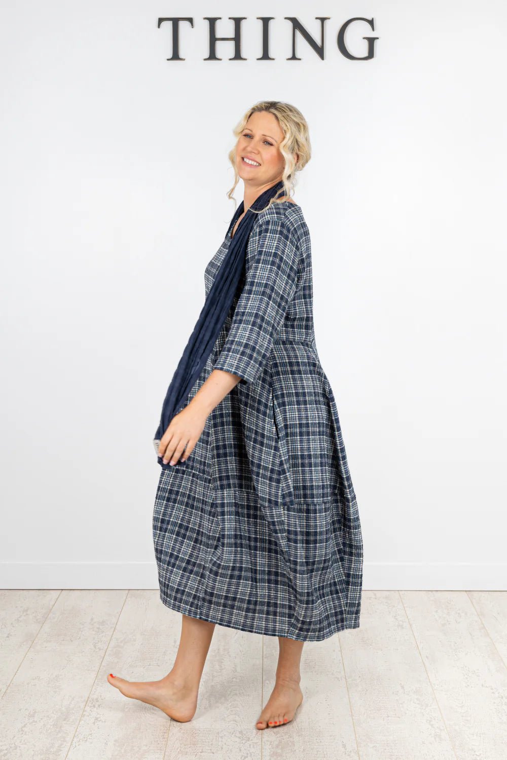 ThingThing Linen Check Dress 7195DressesNavy - Blue Water Clothing