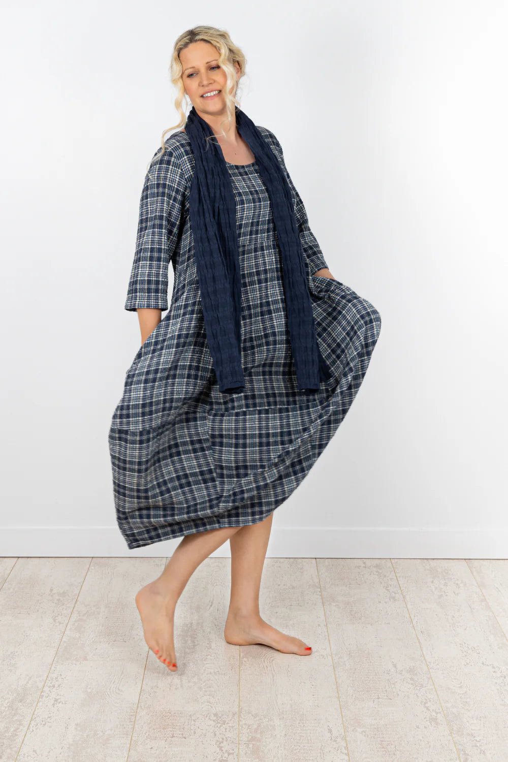 ThingThing Linen Check Dress 7195DressesNavy - Blue Water Clothing