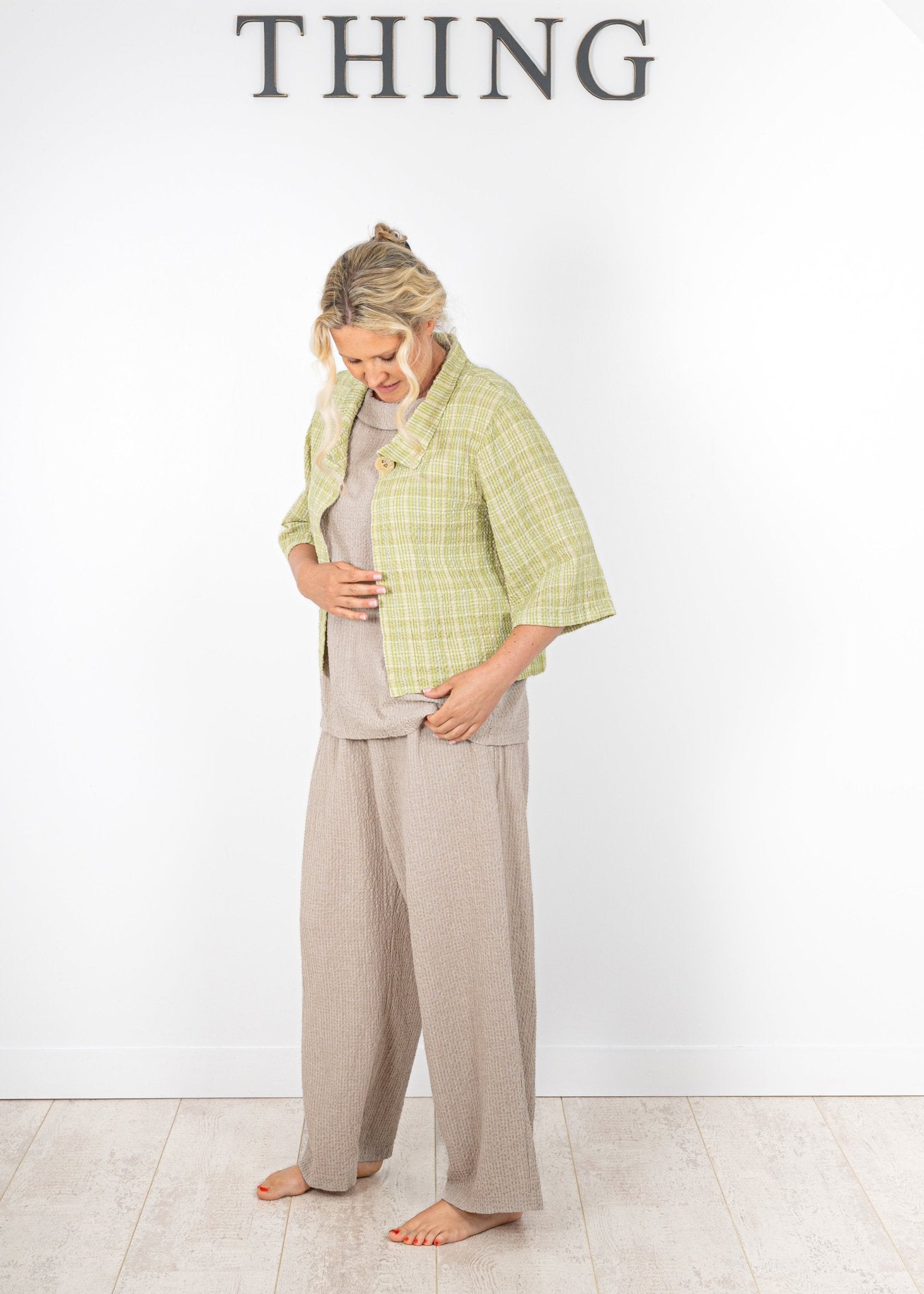 ThingThing Linen Check Jacket 7196ClothingBright Olive - Blue Water Clothing