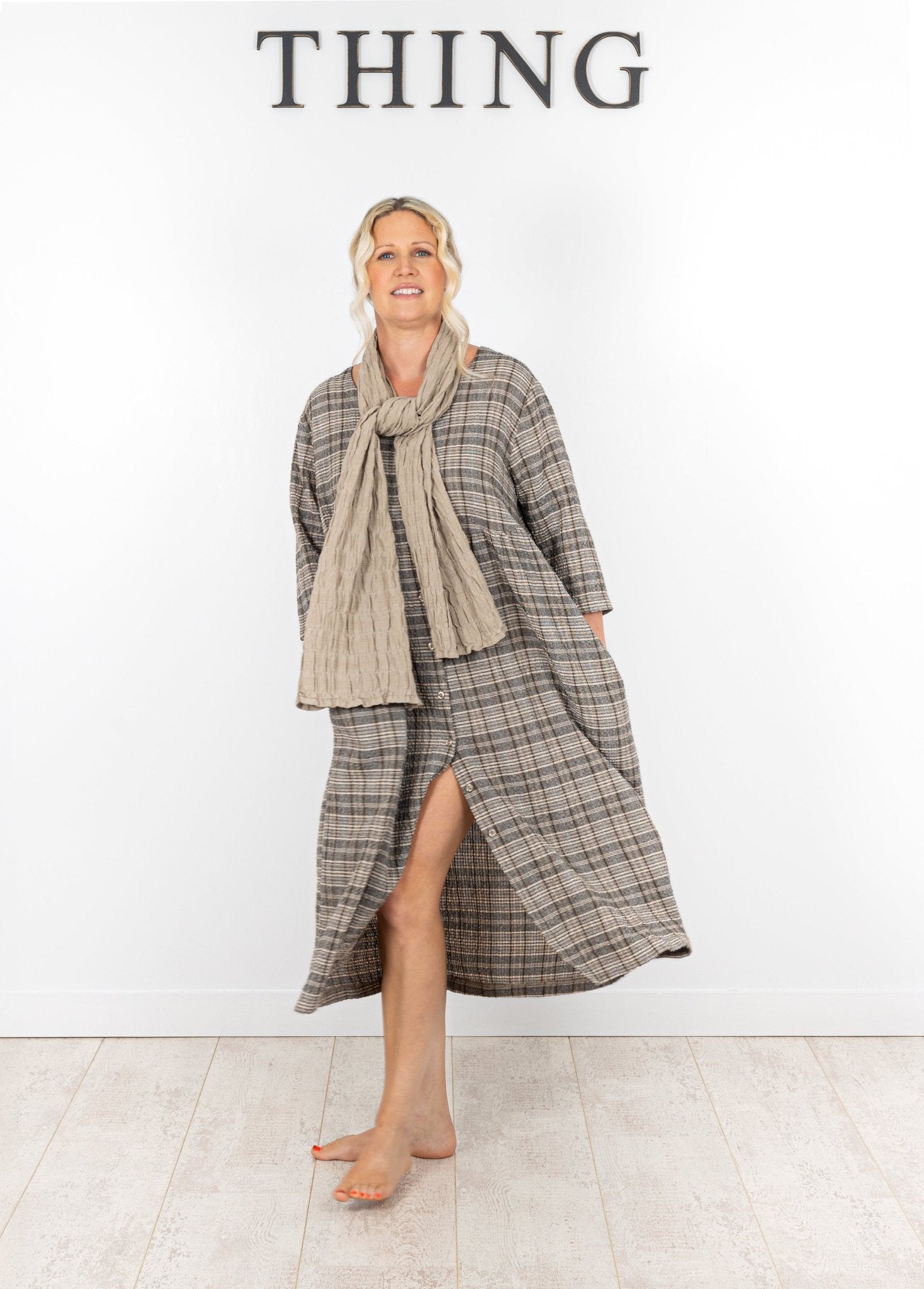 ThingThing Linen Check Jacket Dress 7197ClothingBrown/Charcoal Check - Blue Water Clothing