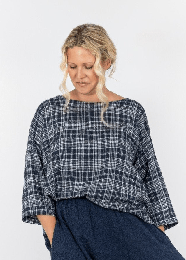 ThingThing Linen Check Top 7192ClothingNavy - Blue Water Clothing