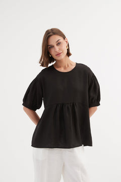 TirelliTirelli Bishop Sleeve Shirring Top 100% Linen BlackClothingBlack - Blue Water Clothing
