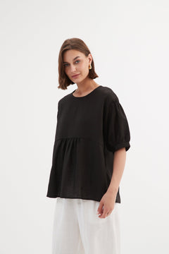 TirelliTirelli Bishop Sleeve Shirring Top 100% Linen BlackClothingBlack - Blue Water Clothing