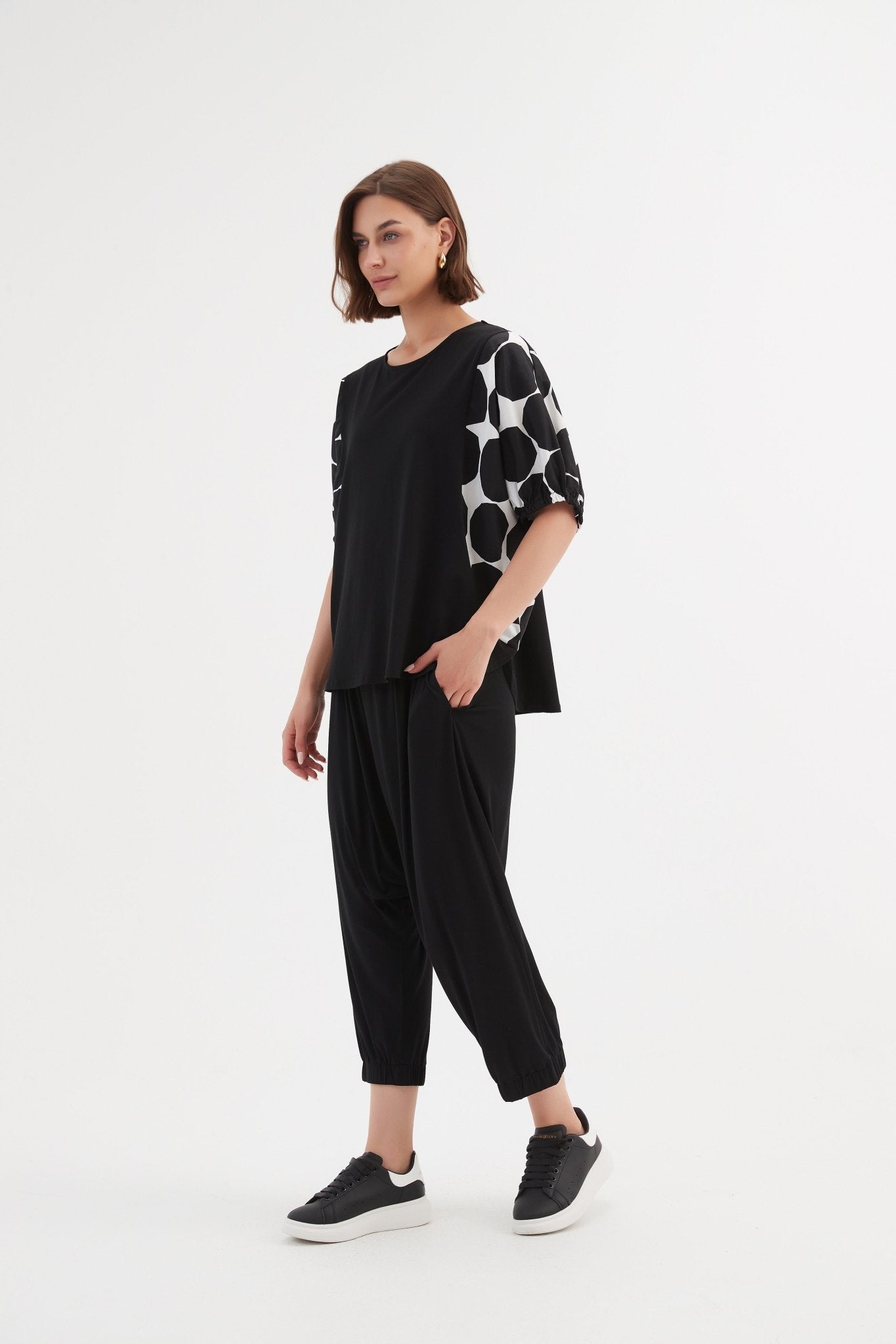 Tirelli Puff Sleeve Combi Tee Black Spot Print - Blue Water Clothing