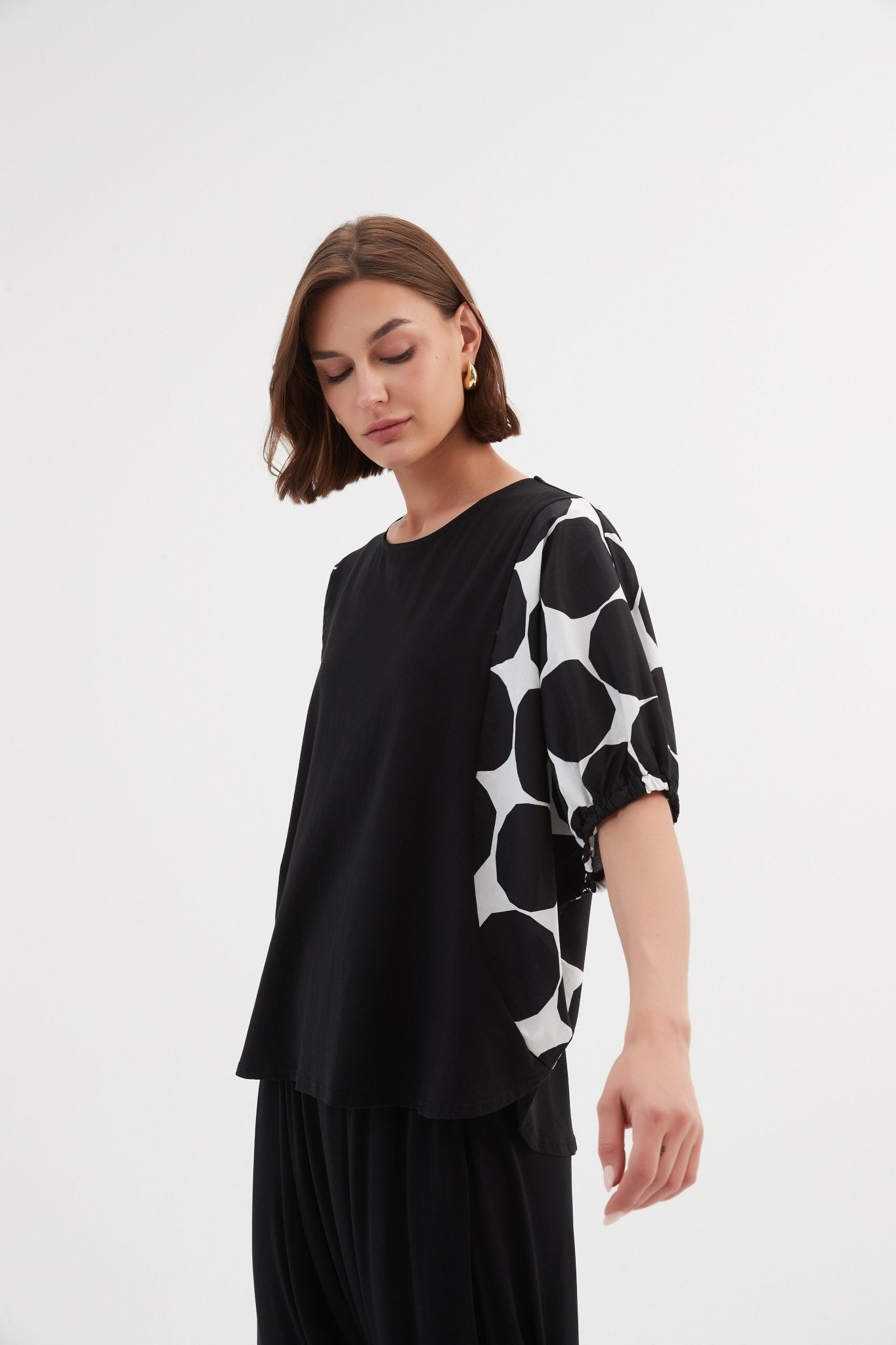 Tirelli Puff Sleeve Combi Tee Black Spot Print - Blue Water Clothing