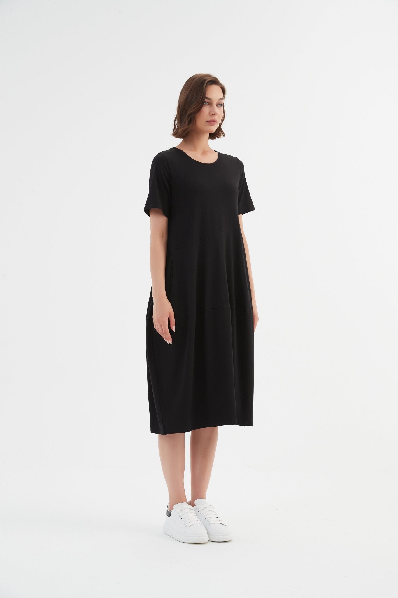 Tirelli Short Sleeve Diagonal Seam Dress Black - Blue Water Clothing