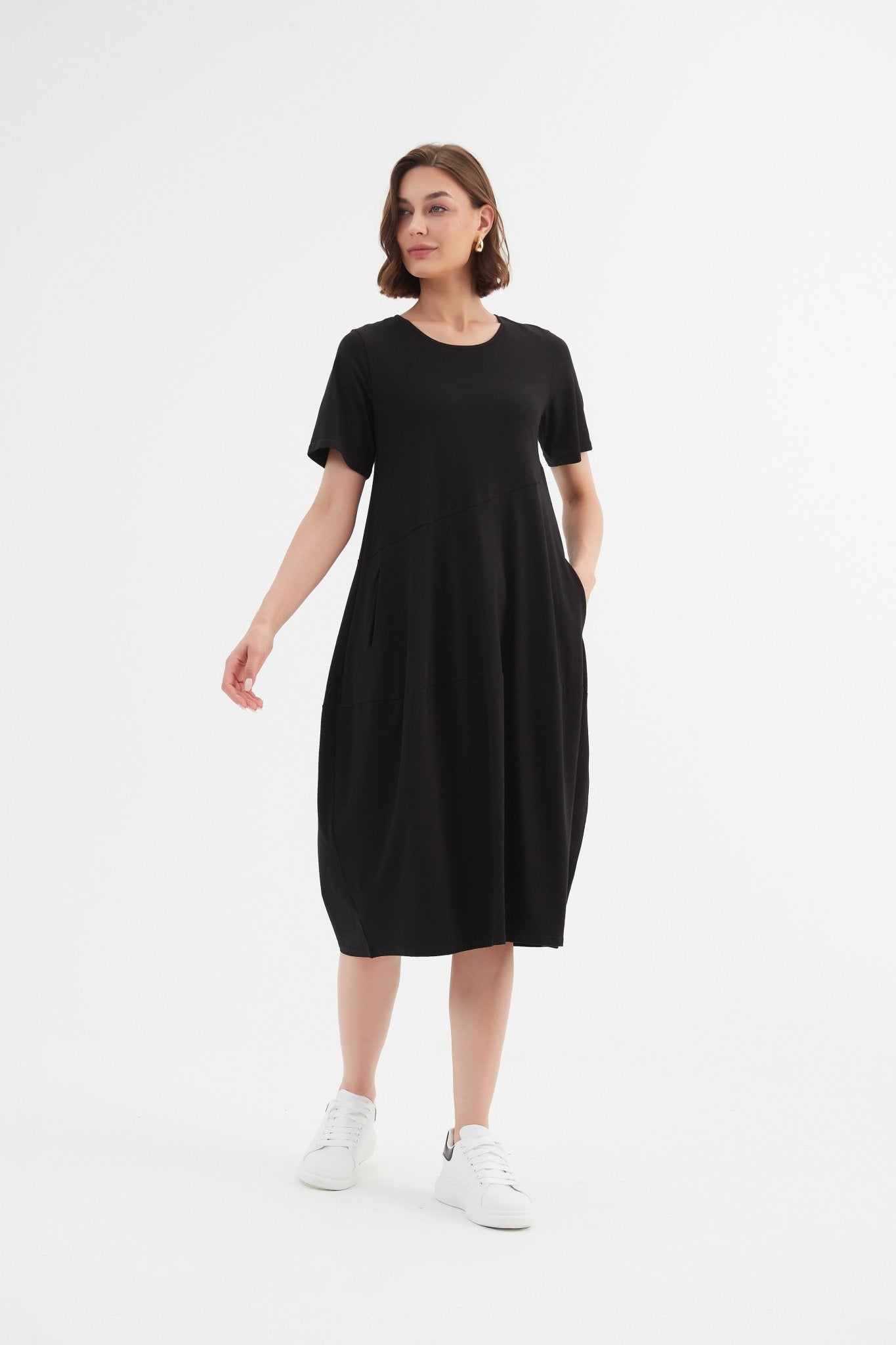 Tirelli Short Sleeve Diagonal Seam Dress Black - Blue Water Clothing